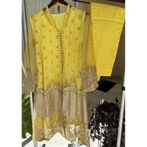 Origins Size M A-Line Front Open Shirt with Trouser - Lime Yellow - Net Silk